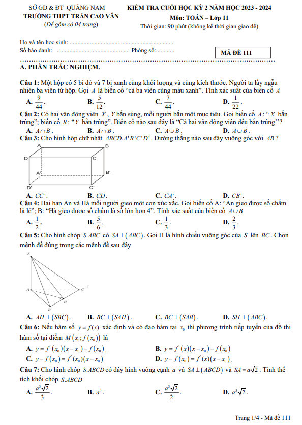 đề cuối học kỳ 2 toán 11 năm 2023 – 2024 trường thpt trần cao vân – quảng nam