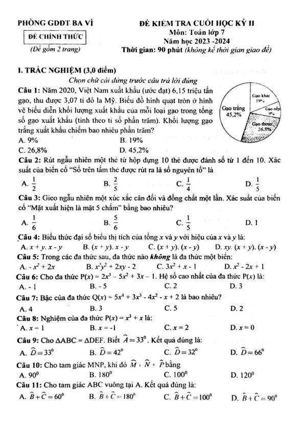 đề cuối học kỳ 2 toán 7 năm 2023 – 2024 phòng gd&đt ba vì – hà nội