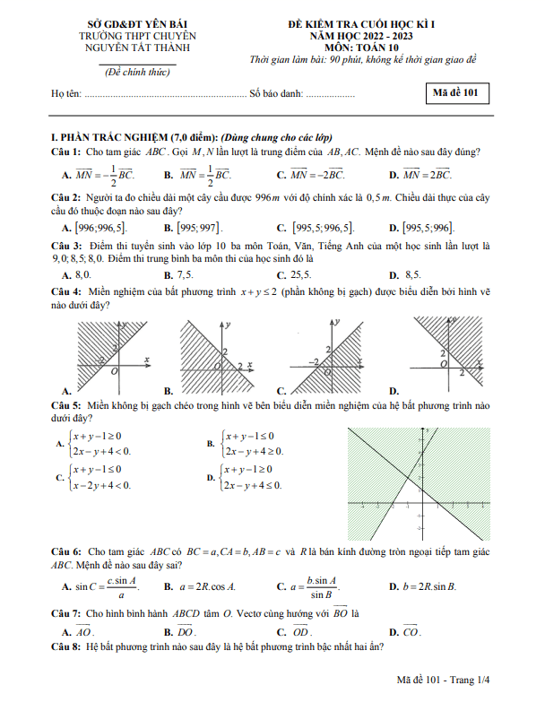 đề cuối kì 1 toán 10 năm 2022 – 2023 trường chuyên nguyễn tất thành – yên bái