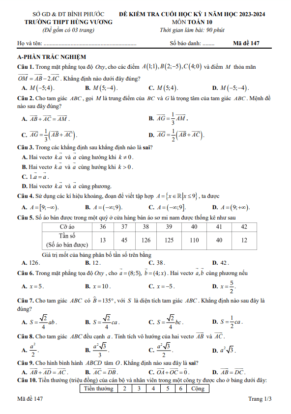 đề cuối kì 1 toán 10 năm 2023 – 2024 trường thpt hùng vương – bình phước