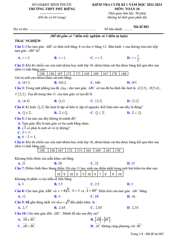 đề cuối kì 1 toán 10 năm 2023 – 2024 trường thpt phú riềng – bình phước