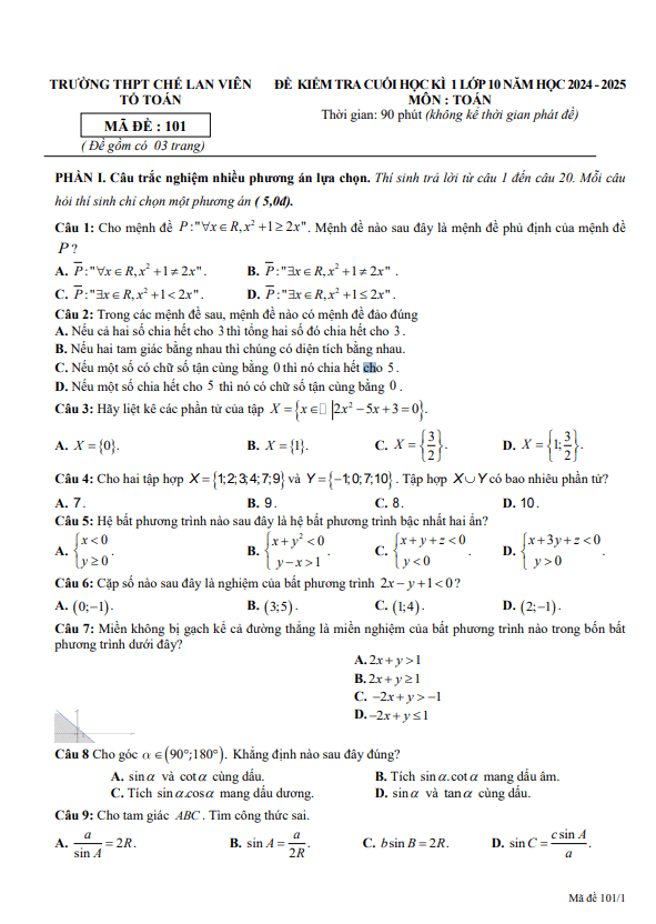 đề cuối kì 1 toán 10 năm 2024 – 2025 trường thpt chế lan viên – quảng trị