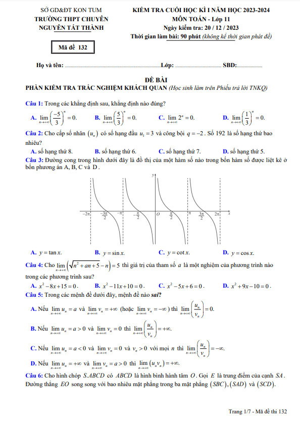 đề cuối kì 1 toán 11 năm 2023 – 2024 trường chuyên nguyễn tất thành – kon tum