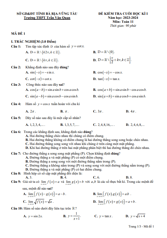 đề cuối kì 1 toán 11 năm 2023 – 2024 trường thpt trần văn quan – br vt