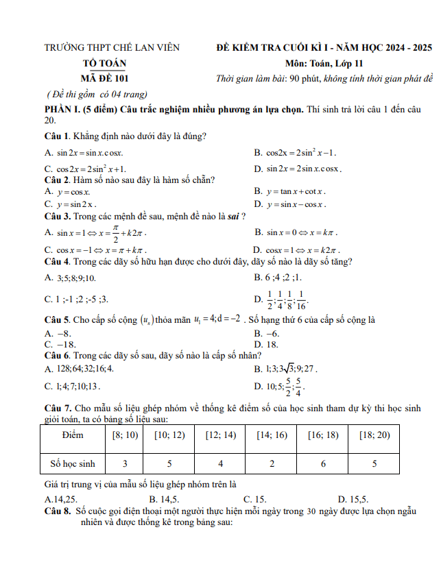 đề cuối kì 1 toán 11 năm 2024 – 2025 trường thpt chế lan viên – quảng trị