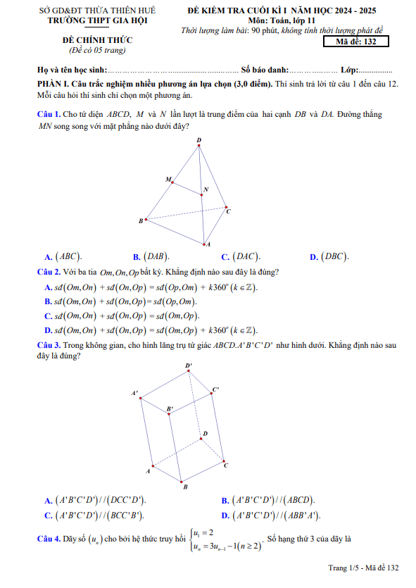 đề cuối kì 1 toán 11 năm 2024 – 2025 trường thpt gia hội – tt huế