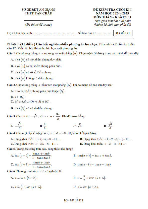 đề cuối kì 1 toán 11 năm 2024 – 2025 trường thpt tân châu – an giang