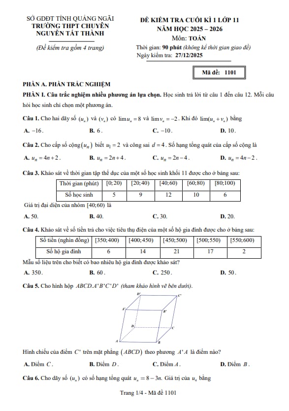 đề cuối kì 1 toán 11 năm 2025 – 2026 trường chuyên nguyễn tất thành – quảng ngãi