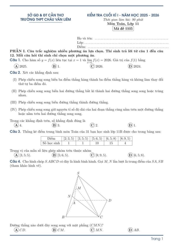 đề cuối kì 1 toán 11 năm 2025 – 2026 trường thpt châu văn liêm – cần thơ