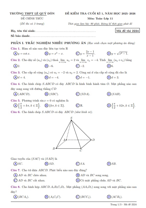 đề cuối kì 1 toán 11 năm 2025 – 2026 trường thpt lê quý đôn – quảng ngãi