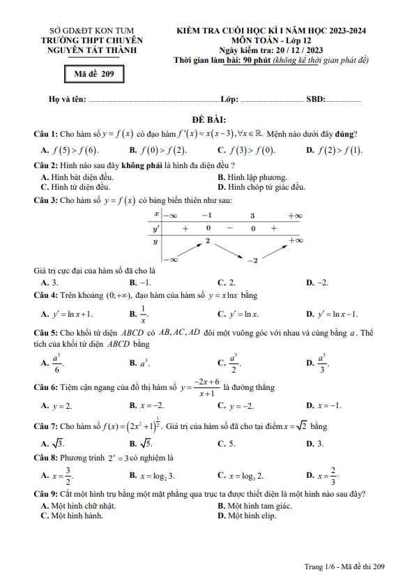 đề cuối kì 1 toán 12 năm 2023 – 2024 trường chuyên nguyễn tất thành – kon tum