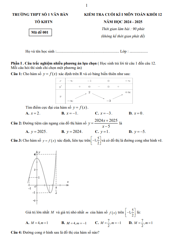 đề cuối kì 1 toán 12 năm 2024 – 2025 trường thpt văn bàn 1 – lào cai