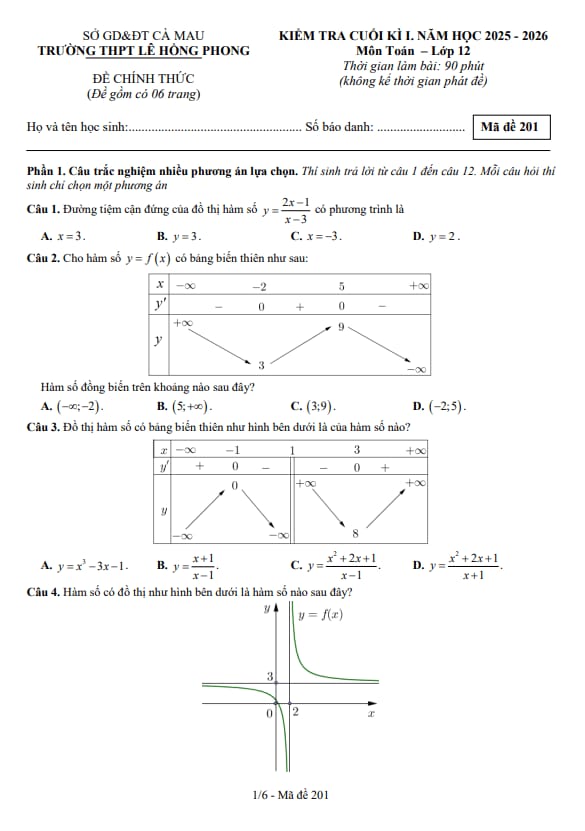 đề cuối kì 1 toán 12 năm 2025 – 2026 trường thpt lê hồng phong – cà mau