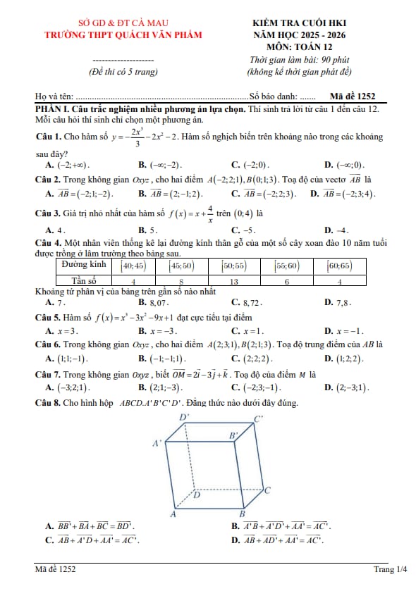 đề cuối kì 1 toán 12 năm 2025 – 2026 trường thpt quách văn phẩm – cà mau
