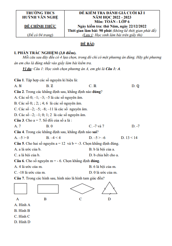 đề cuối kì 1 toán 6 năm 2022 – 2023 trường thcs huỳnh văn nghệ – tp hcm
