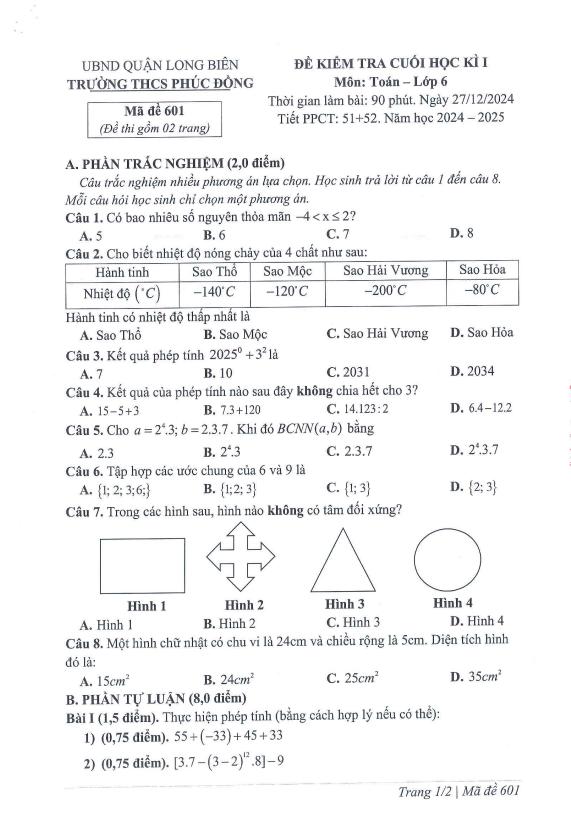 đề cuối kì 1 toán 6 năm 2024 – 2025 trường thcs phúc đồng – hà nội