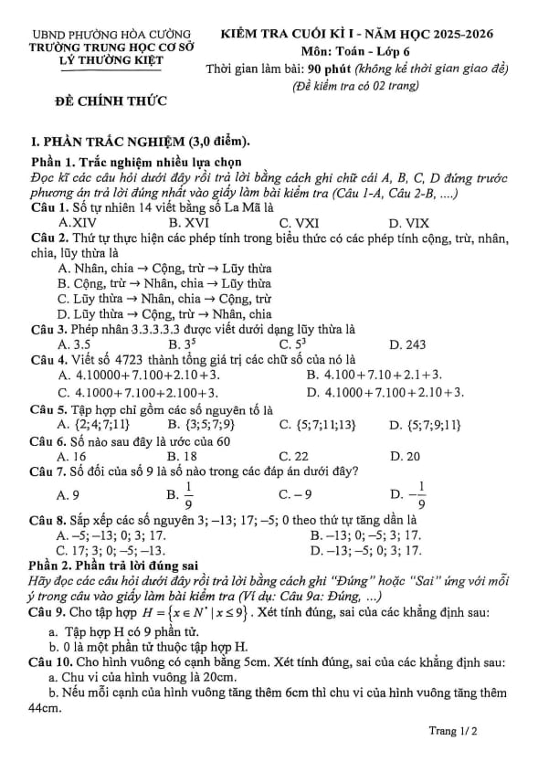 đề cuối kì 1 toán 6 năm 2025 – 2026 trường thcs lý thường kiệt – đà nẵng