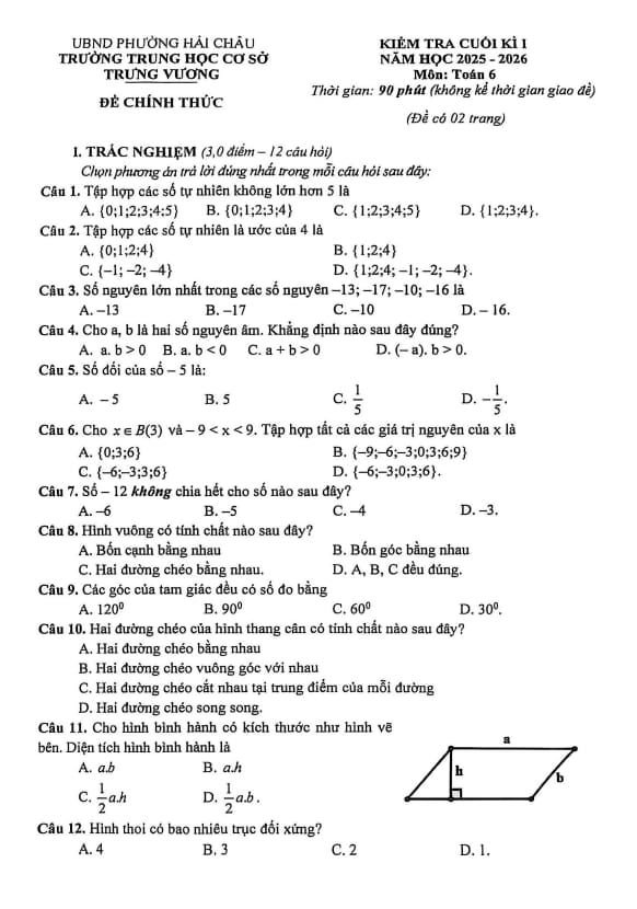 đề cuối kì 1 toán 6 năm 2025 – 2026 trường thcs trưng vương – đà nẵng
