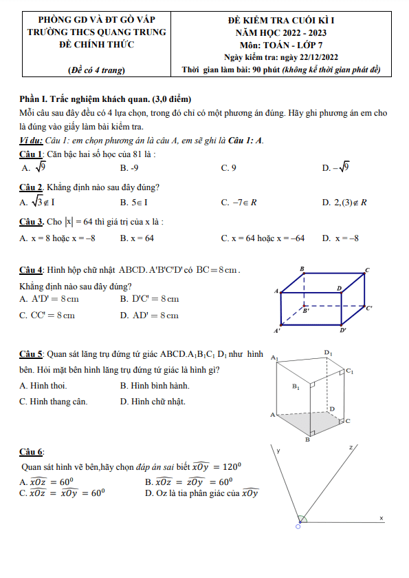 đề cuối kì 1 toán 7 năm 2022 – 2023 trường thcs quang trung – tp hcm