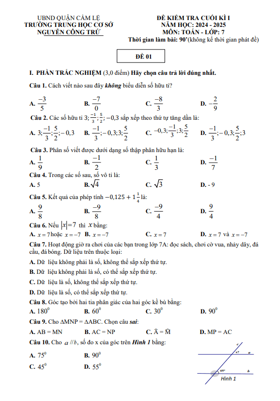 đề cuối kì 1 toán 7 năm 2024 – 2025 trường thcs nguyễn công trứ – đà nẵng