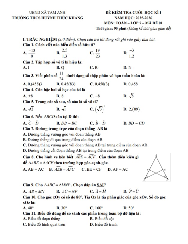 đề cuối kì 1 toán 7 năm 2025 – 2026 trường thcs huỳnh thúc kháng – đà nẵng