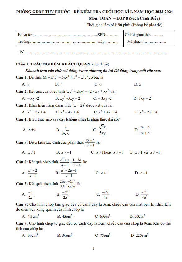 đề cuối kì 1 toán 8 cánh diều năm 2023 – 2024 phòng gd&đt tuy phước – bình định