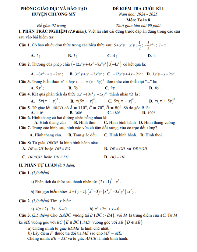đề cuối kì 1 toán 8 năm 2024 – 2025 phòng gd&đt chương mỹ – hà nội