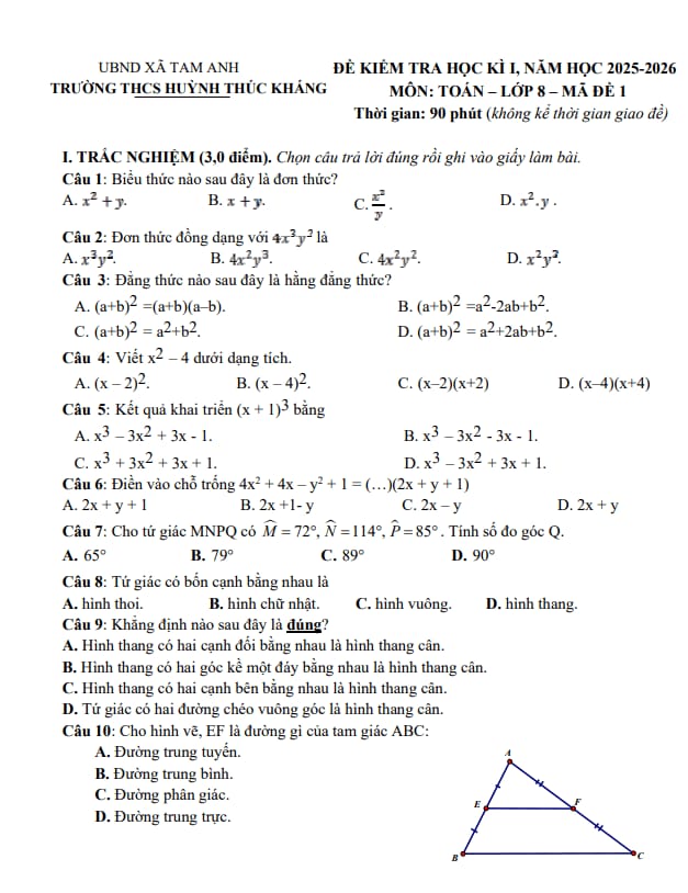 đề cuối kì 1 toán 8 năm 2025 – 2026 trường thcs huỳnh thúc kháng – đà nẵng
