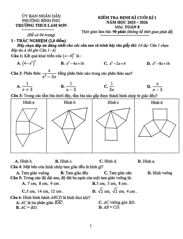 đề cuối kì 1 toán 8 năm 2025 – 2026 trường thcs lam sơn – tp hcm