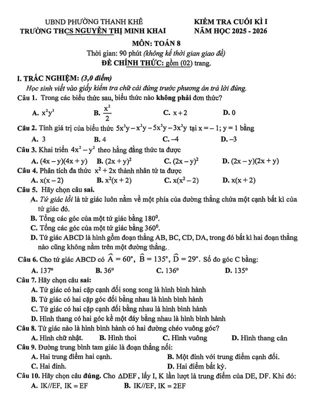 đề cuối kì 1 toán 8 năm 2025 – 2026 trường thcs nguyễn thị minh khai – đà nẵng