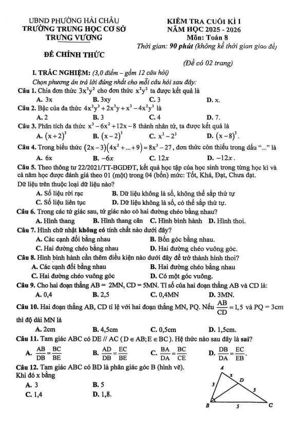 đề cuối kì 1 toán 8 năm 2025 – 2026 trường thcs trưng vương – đà nẵng