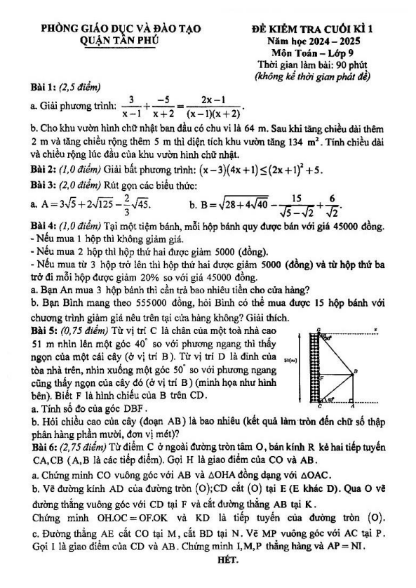 đề cuối kì 1 toán 9 năm 2024 – 2025 phòng gd&đt tân phú – tp hcm