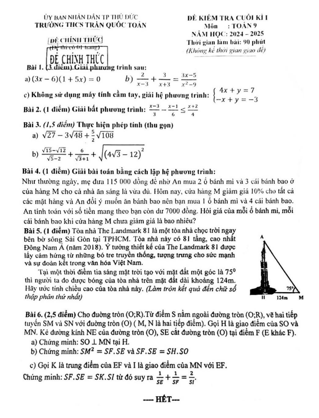 đề cuối kì 1 toán 9 năm 2024 – 2025 trường thcs trần quốc toản – tp hcm