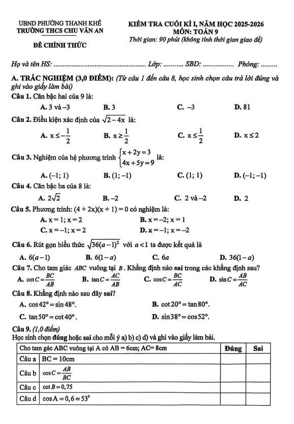 đề cuối kì 1 toán 9 năm 2025 – 2026 trường thcs chu văn an – đà nẵng