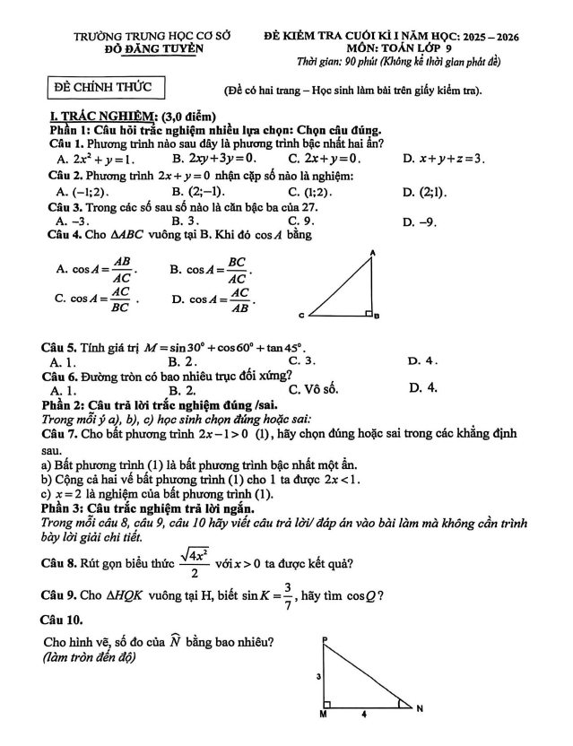 đề cuối kì 1 toán 9 năm 2025 – 2026 trường thcs đỗ đăng tuyển – đà nẵng