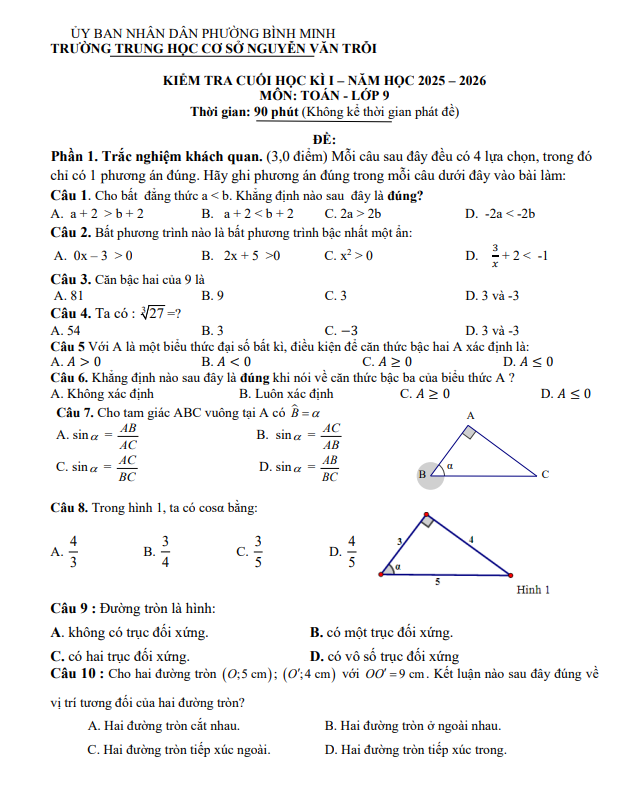 đề cuối kì 1 toán 9 năm 2025 – 2026 trường thcs nguyễn văn trỗi – tây ninh