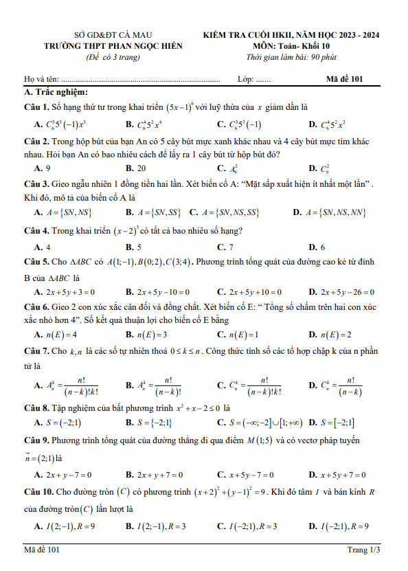 đề cuối kì 2 toán 10 năm 2023 – 2024 trường thpt phan ngọc hiển – cà mau
