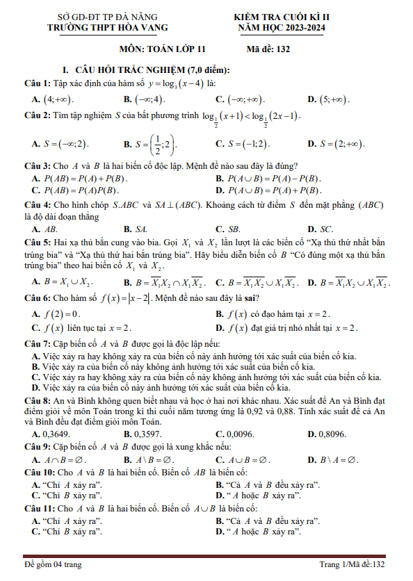 đề cuối kì 2 toán 11 năm 2023 – 2024 trường thpt hòa vang – đà nẵng