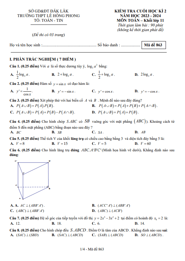 đề cuối kì 2 toán 11 năm 2023 – 2024 trường thpt lê hồng phong – đắk lắk