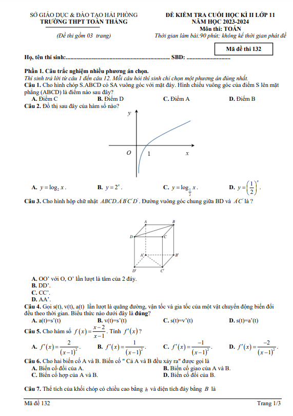 đề cuối kì 2 toán 11 năm 2023 – 2024 trường thpt toàn thắng – hải phòng