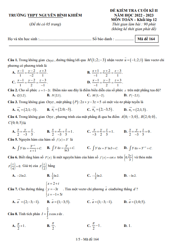 đề cuối kì 2 toán 12 năm 2022 – 2023 trường thpt nguyễn bỉnh khiêm – đắk lắk