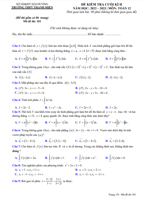 đề cuối kì 2 toán 12 năm 2022 – 2023 trường thpt thanh miện – hải dương