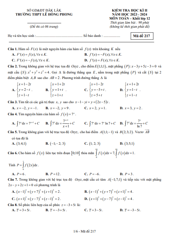 đề cuối kì 2 toán 12 năm 2023 – 2024 trường thpt lê hồng phong – đắk lắk