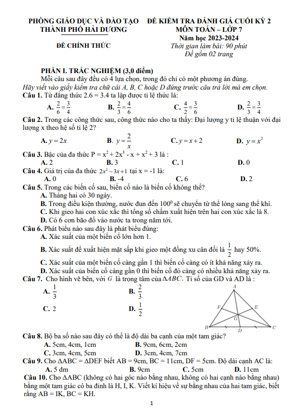 đề cuối kì 2 toán 7 năm 2023 – 2024 phòng gd&đt thành phố hải dương