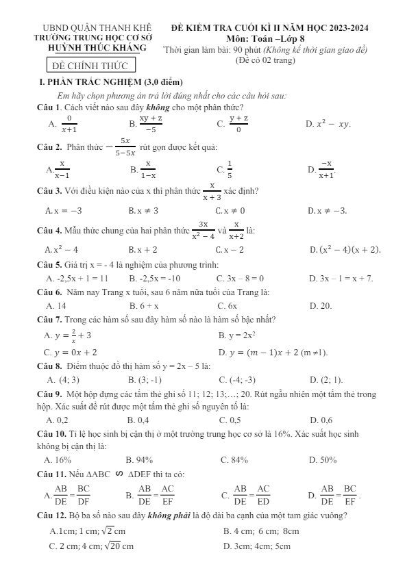 đề cuối kì 2 toán 8 năm 2023 – 2024 trường thcs huỳnh thúc kháng – đà nẵng