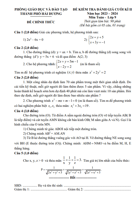 đề cuối kì 2 toán 9 năm 2023 – 2024 phòng gd&đt thành phố hải dương