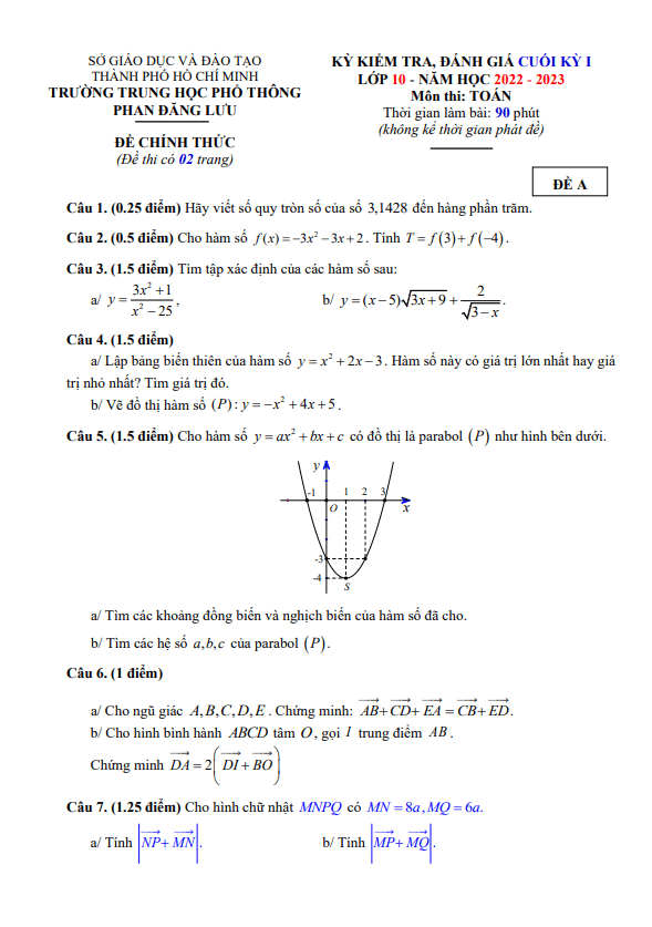 đề cuối kỳ 1 toán 10 năm 2022 – 2023 trường thpt phan đăng lưu – tp hcm