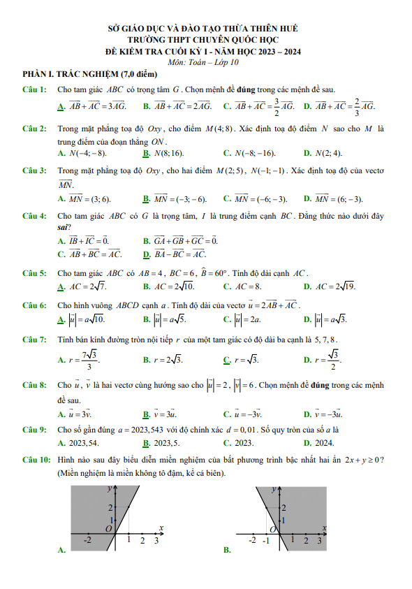 đề cuối kỳ 1 toán 10 năm 2023 – 2024 trường thpt chuyên quốc học huế