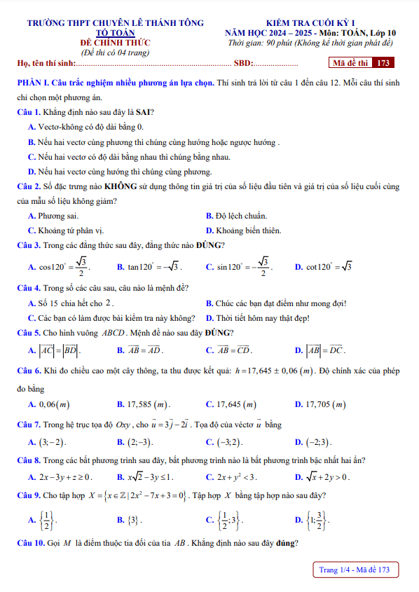 đề cuối kỳ 1 toán 10 năm 2024 – 2025 trường chuyên lê thánh tông – quảng nam
