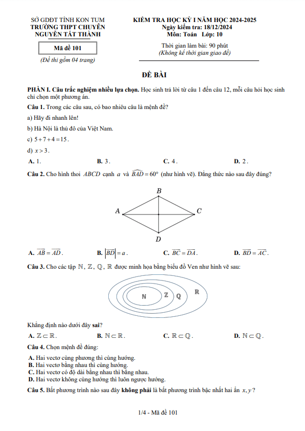đề cuối kỳ 1 toán 10 năm 2024 – 2025 trường chuyên nguyễn tất thành – kon tum